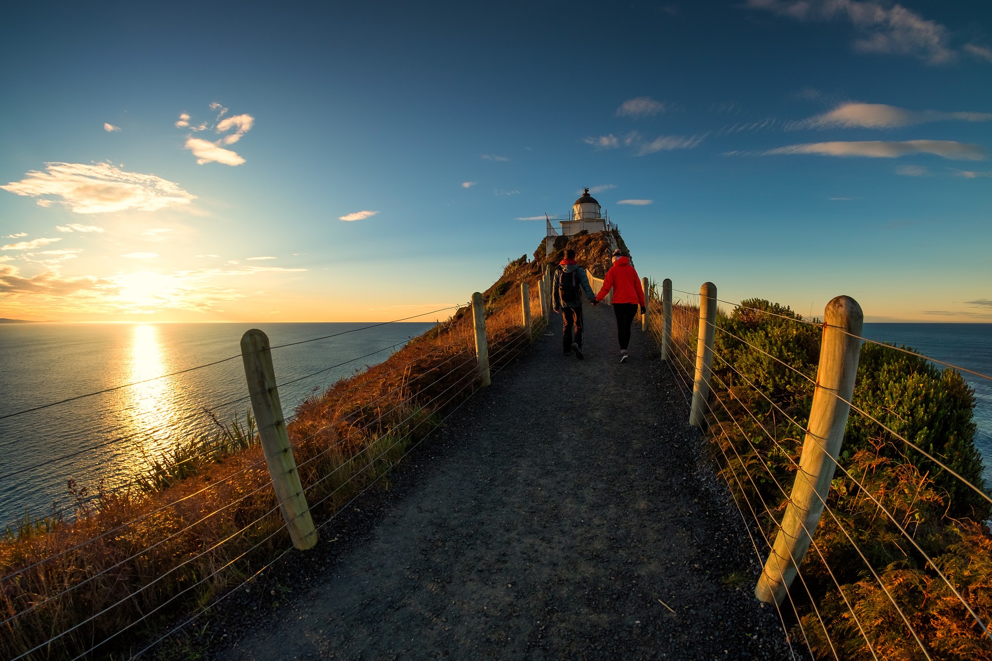 Couple marchant main dans la main sur Nugget Point